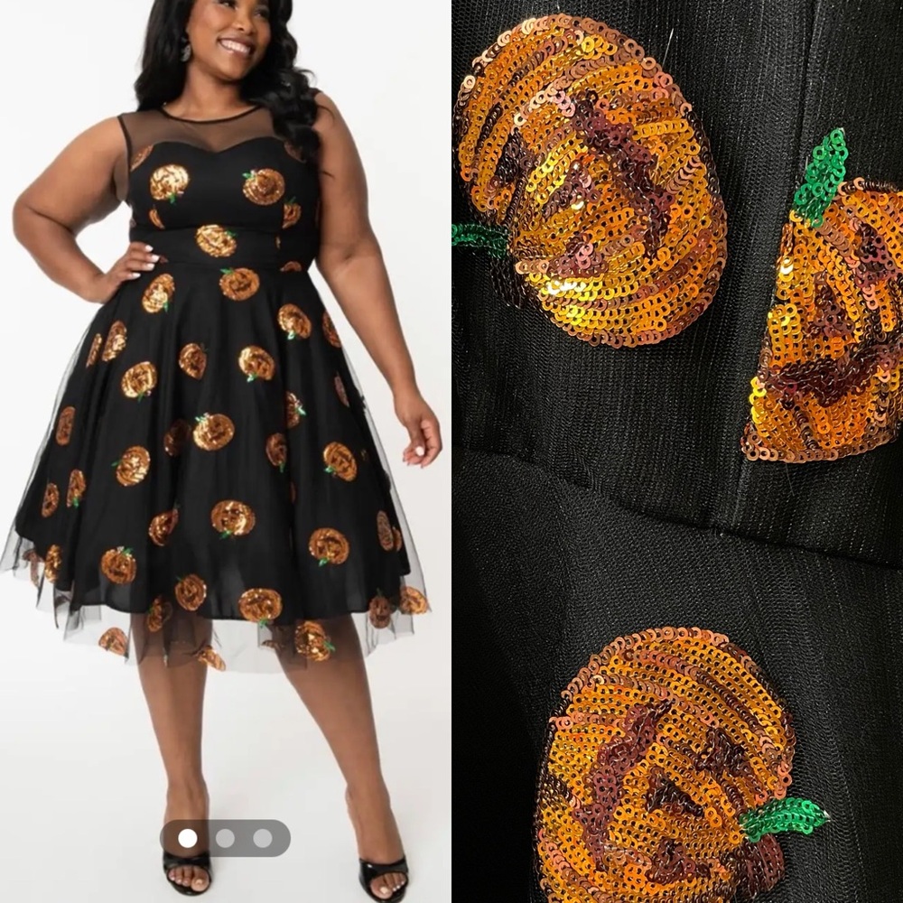 Unique Vintage sequin pumpkin black dress